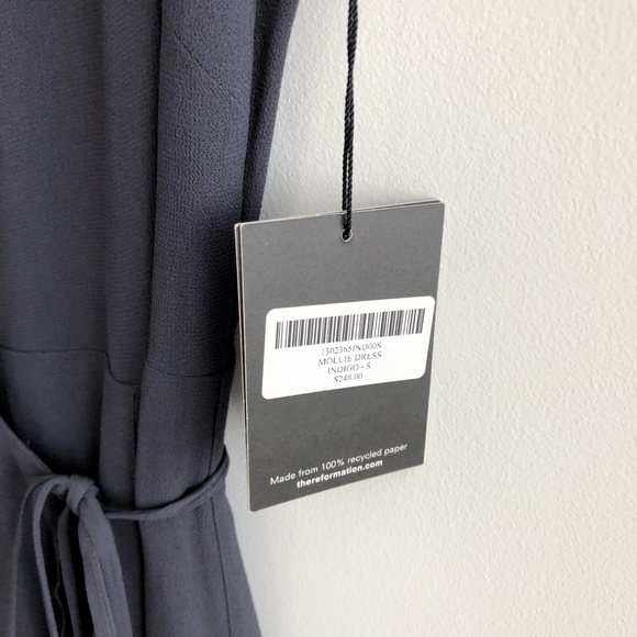 reformation  •  mollie blue indigo gray cap sleeve tie wrap midi fit flare dress - Picture 6 of 8